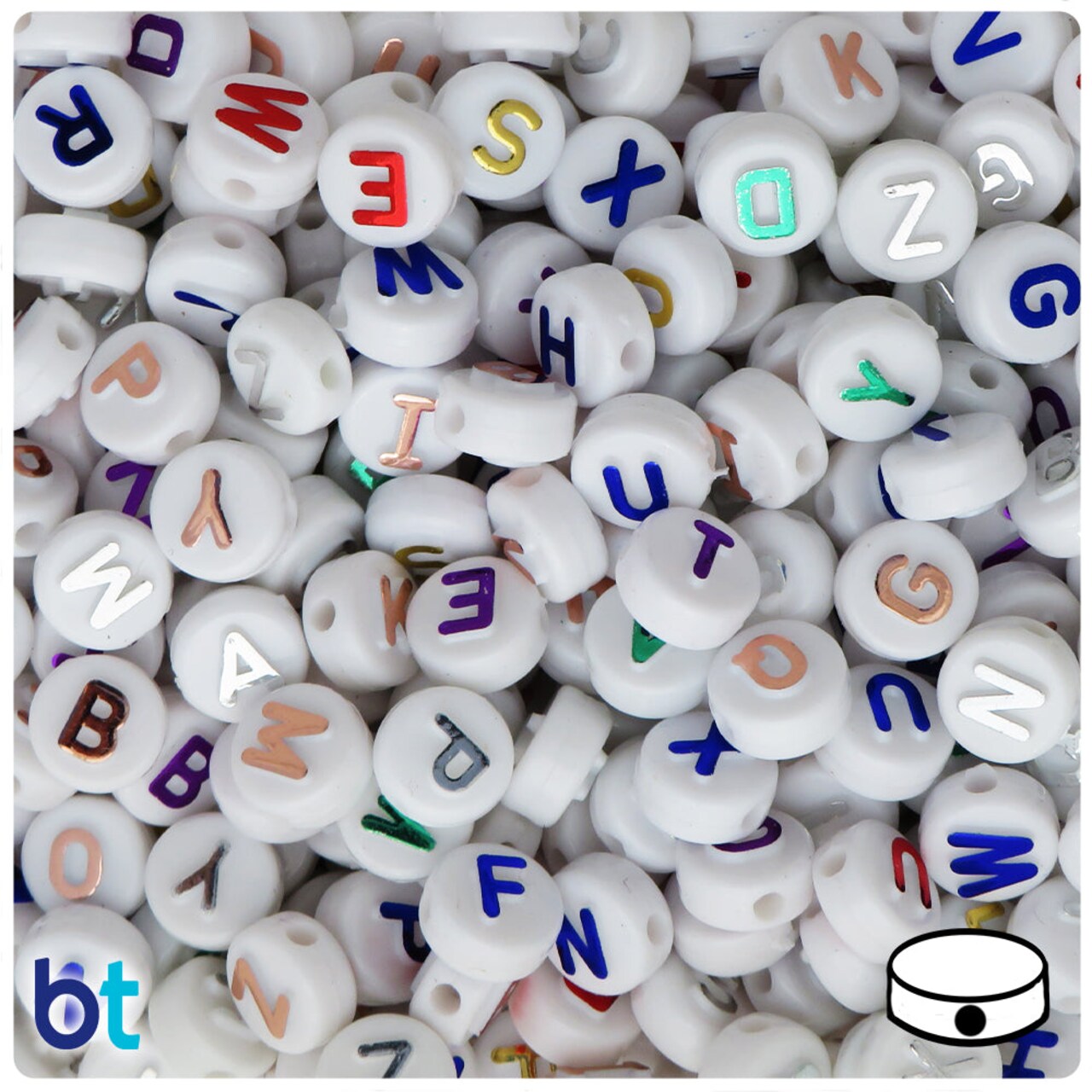 BeadTin White Opaque 10mm Coin Plastic Alpha Beads - Colored Letter Mix (144pcs)
